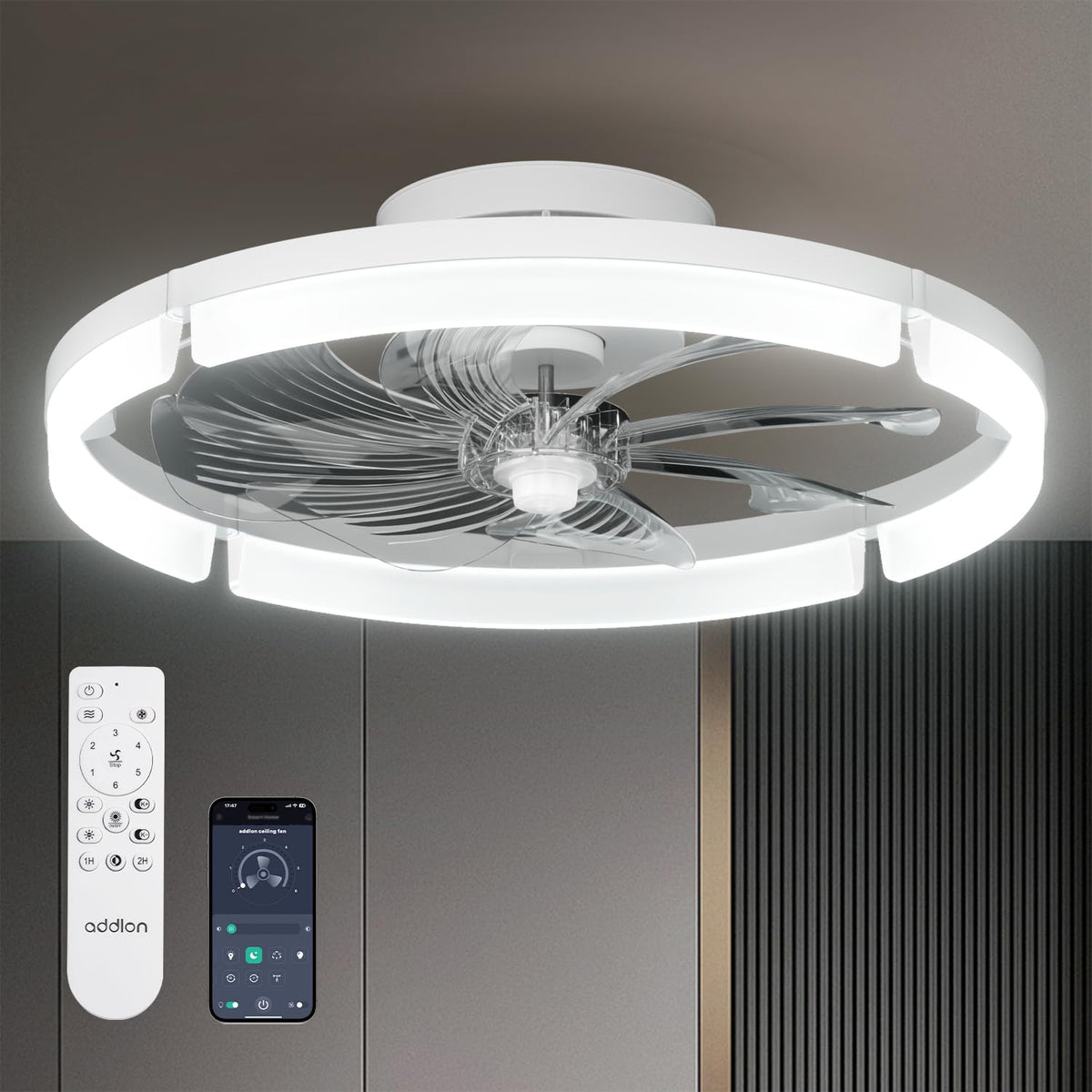 addlon 20" Ceiling Fans with Lights and Remote, Low Profile Fandelier | 3000-6000K Dimmable LED, 6 Speeds, Reversible DC Motor, App Control, Memory Function, Timer, Flush Mount, Quiet Operation