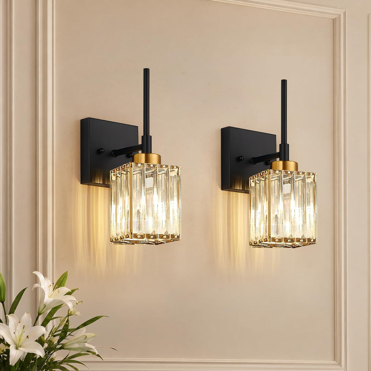 Torondo Modern Crystal Bathroom Vanity Light 4-Lights Gold Bathroom Light Fixtures Over Mirror Black and Gold Vanity Lighting Fixtures Gold Square Shade Brass Wall Sconce (Bulbs Not Include)
