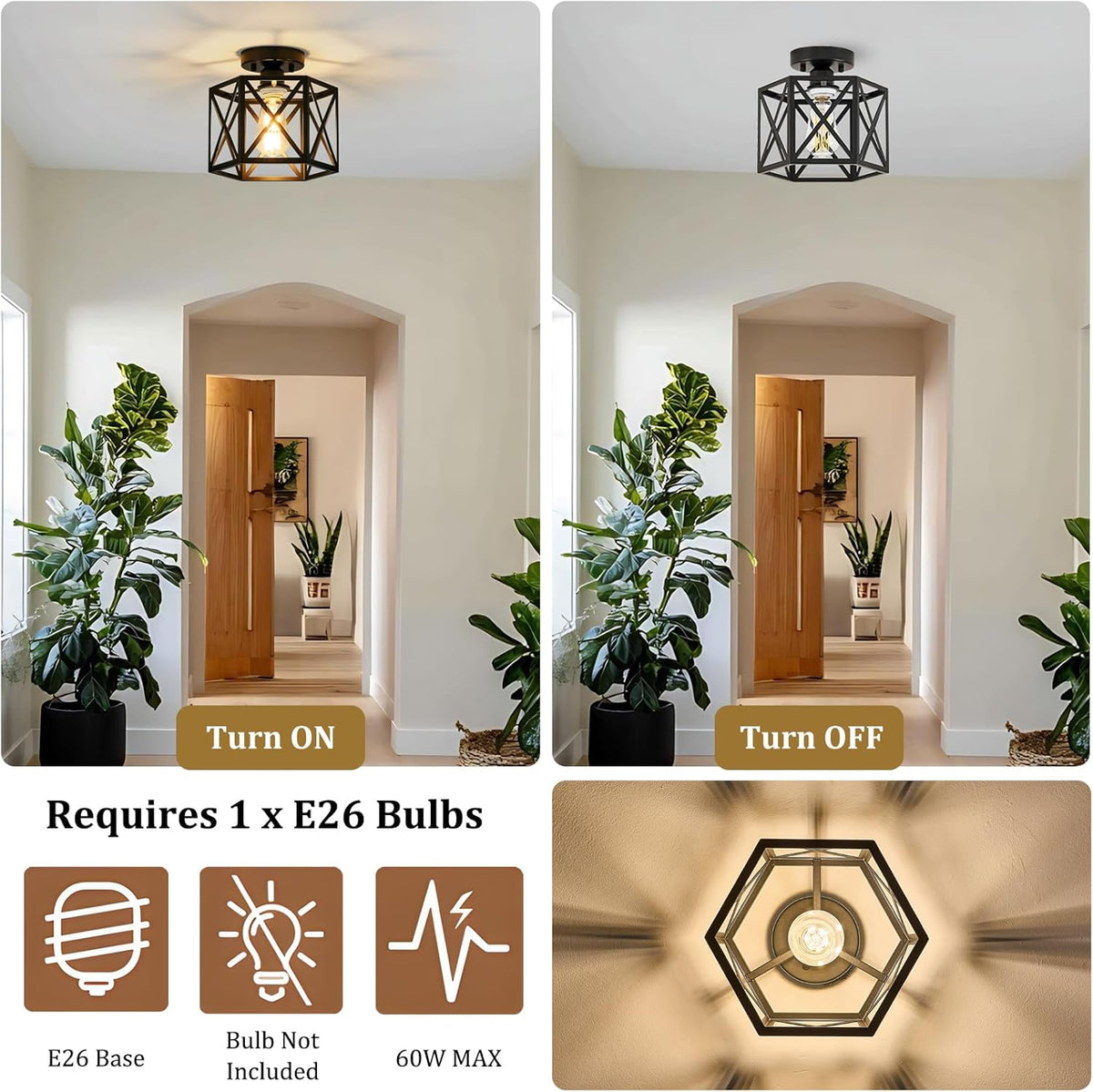 Modern Farmhouse Black Metal Semi Flush Mount Ceiling Light Fixture 9.5 in | Industrial Lighting Fixture,Hexagonal Close to Ceiling Lights for Kitchen, Hallway, Entryway, Bedroom,Foyer,Laundry Room