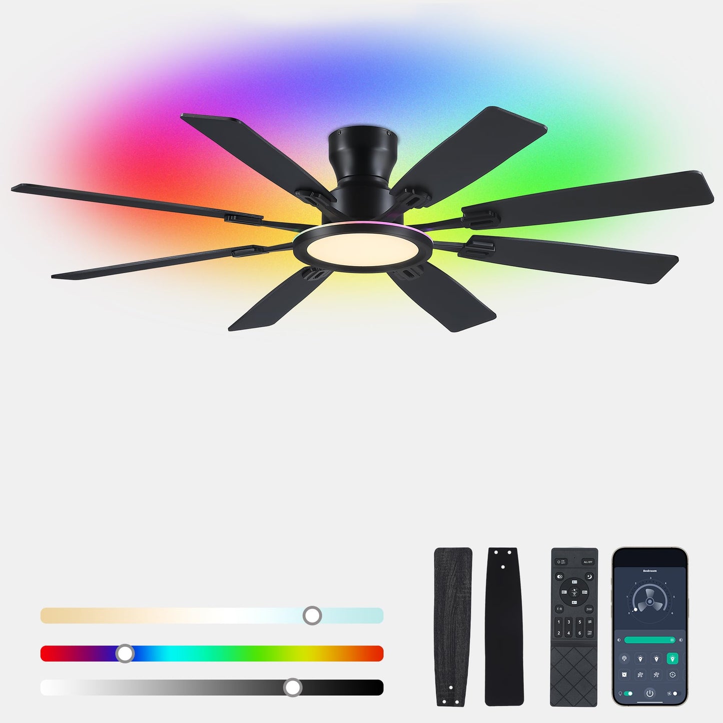 Ayaoty Ceiling Fans with Lights - 52in Flush Mount Ceiling Fan with RGB Dimmable, 3CCT 6 Wind Speeds and Reversible Quiet Motor, Low Profile RGB Fan Light for Modern Indoor, Party - Black
