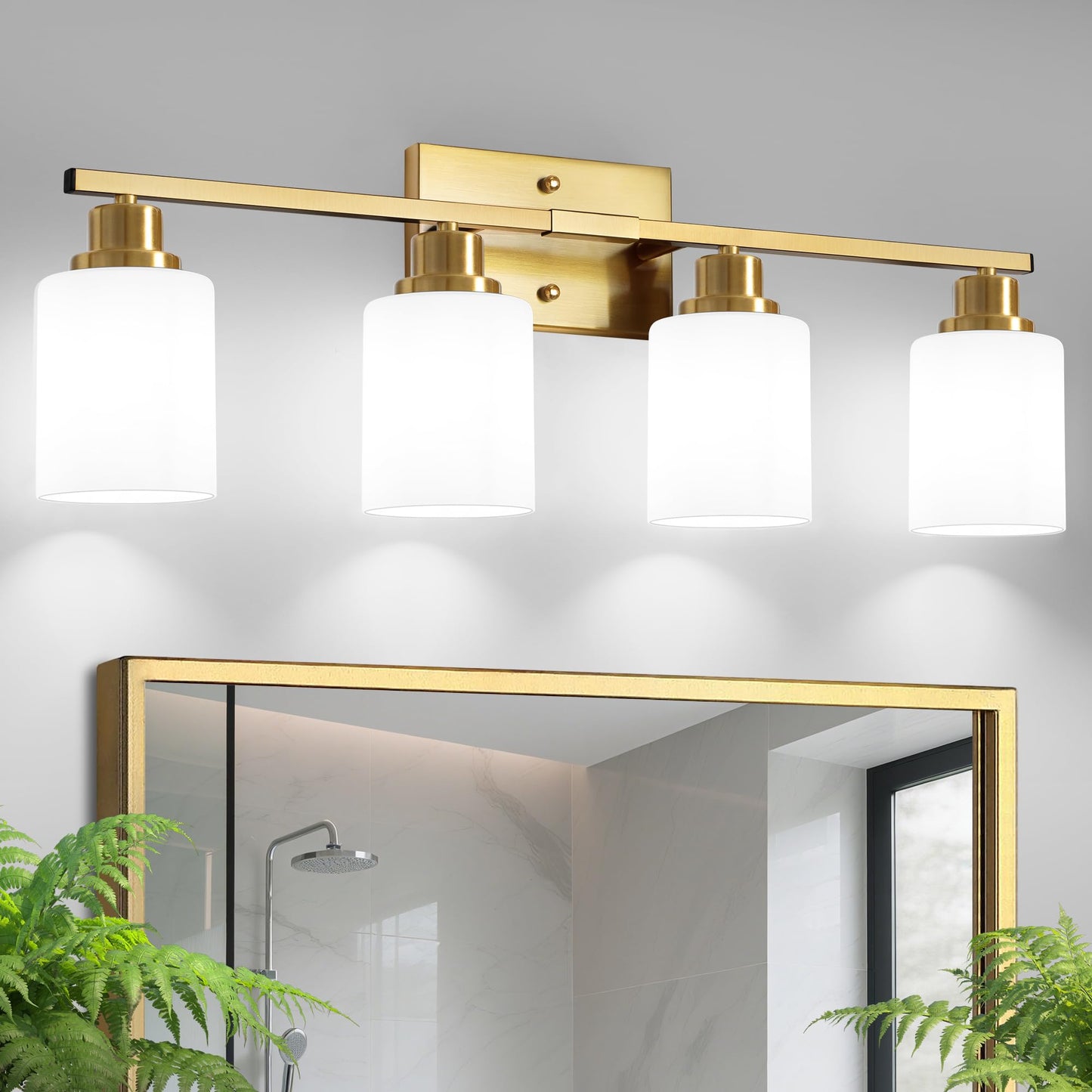 Ascher Bathroom Light Fixtures, 4-Light Vanity Light Over Mirror, Brushed Nickel Wall Sconces with Milky White Frosted Glass Shades, Wall Lamp for Living Room Bedroom, E26 Base(Bulbs Not Included)