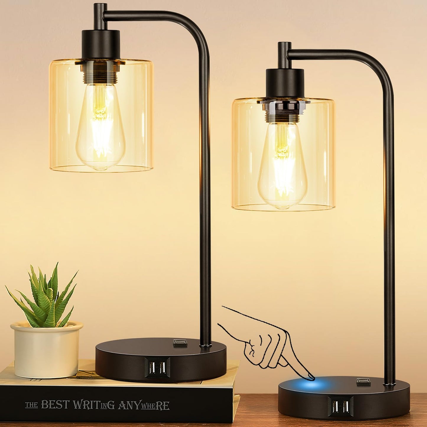 Set of 2 Industrial Touch Control Table Lamps with USB C+A Ports and AC Outlet - 3-Way Dimmable Black Bedside Lamps Nightstand Desk Lamps for Bedroom Living Room, Glass Shade & 2 LED Bulbs Included
