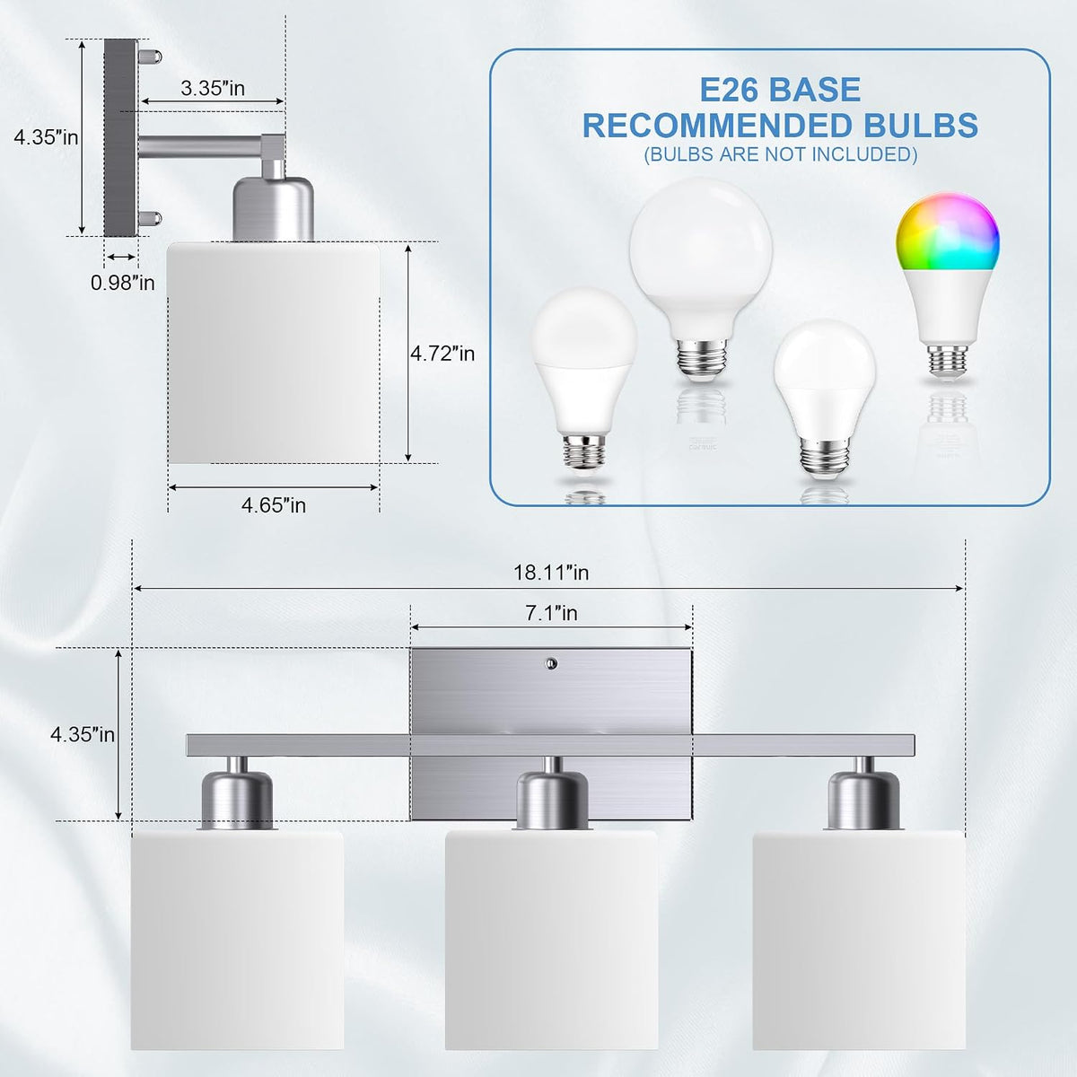18 Inches Bathroom Light Fixtures Over Mirror Brushed Nickel | Anti-Rust 3-Light Vanity Lights Over Mirror, E26 Standard Socket, Milky White Glass Shades, Bulbs Not Included