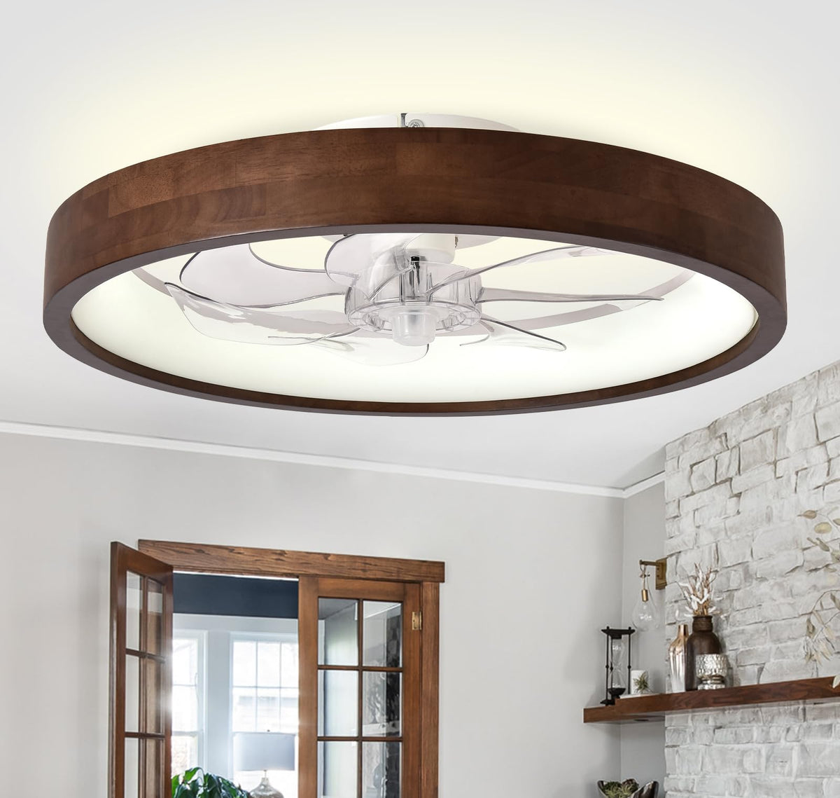 20" Modern Low Profile Flush Mount Wood Ceiling Fan with Light | Remote/APP, timer, memory, reversible, dimmable LED, 6 speeds; for bedroom, living room.
