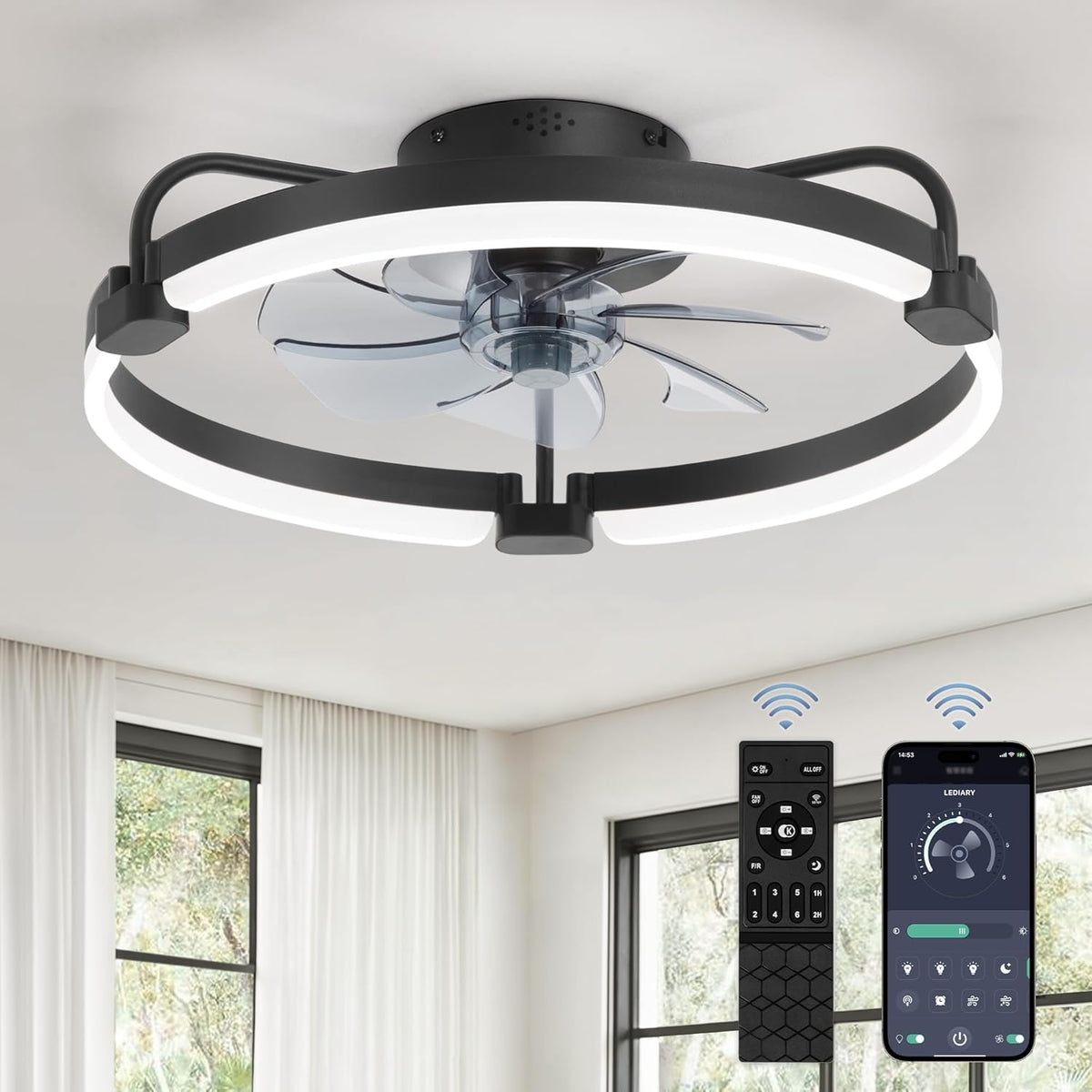LEDIARY 20" Ceiling Fans with Lights and Remote, Low Profile Led Fan Light | Flush Mount, Stepless Dimmable Fandelier, 6 Speeds, 3 CCT, Quiet Reversible DC Motor, 2H Timer, Bedroom, Living Room, Black