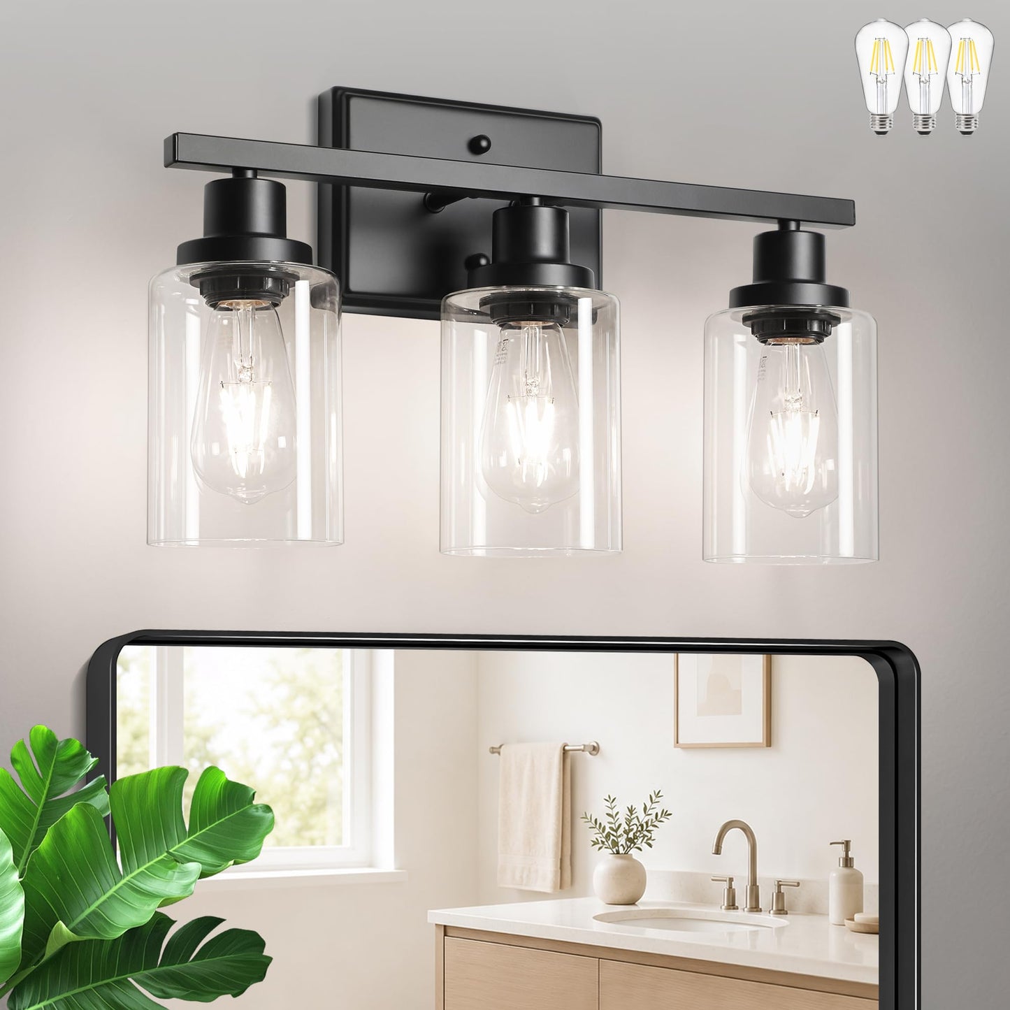 Ascher Bathroom Vanity Light Fixtures, 3 Light Wall Sconces Lighting with Clear Glass Shade, Brushed Nickel Wall Lights for Mirror, Kitchen, Living Room, Gallery, E26 Base (Bulbs Not Included)