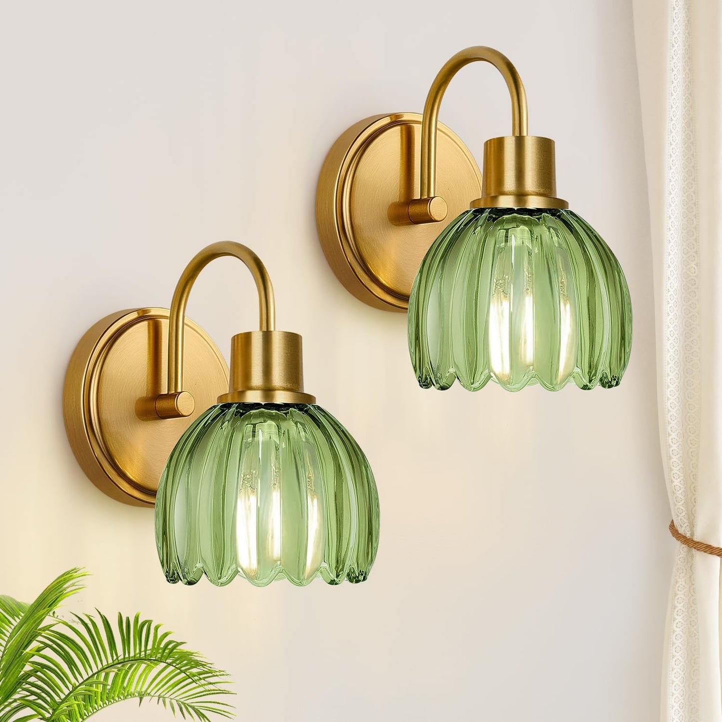 Bathroom Light Fixtures, 3-Light Brushed Gold Vanity Lights for Bathroom with Ribbed Amber Tulip Glass Shade, 20 in Bathroom Vanity Lights Over Mirror for Bedroom, Living Room, Hallway
