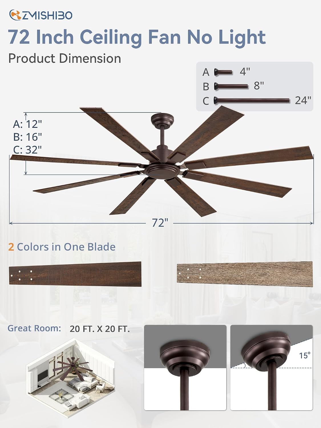 ZMISHIBO 72 Inch Ceiling Fan No Light with Remote, 6-Speeds | 6 Speeds Quiet Reversible DC Motor, Large Ceiling Fan Without Light, Indoor/Outdoor Ceiling Fans for Living Room Patios