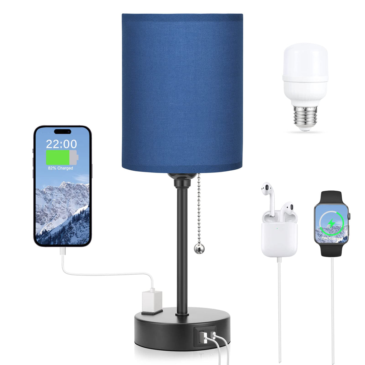 Dicoool Bedside Table Lamp for Bedroom - Small Desk Lamp with USB Ports | USB A+C Ports, AC Outlet, 3 Color Temperatures, LED Bulb Included, White Fabric Shade, Black Metal Base, 14" Nightstand lamp