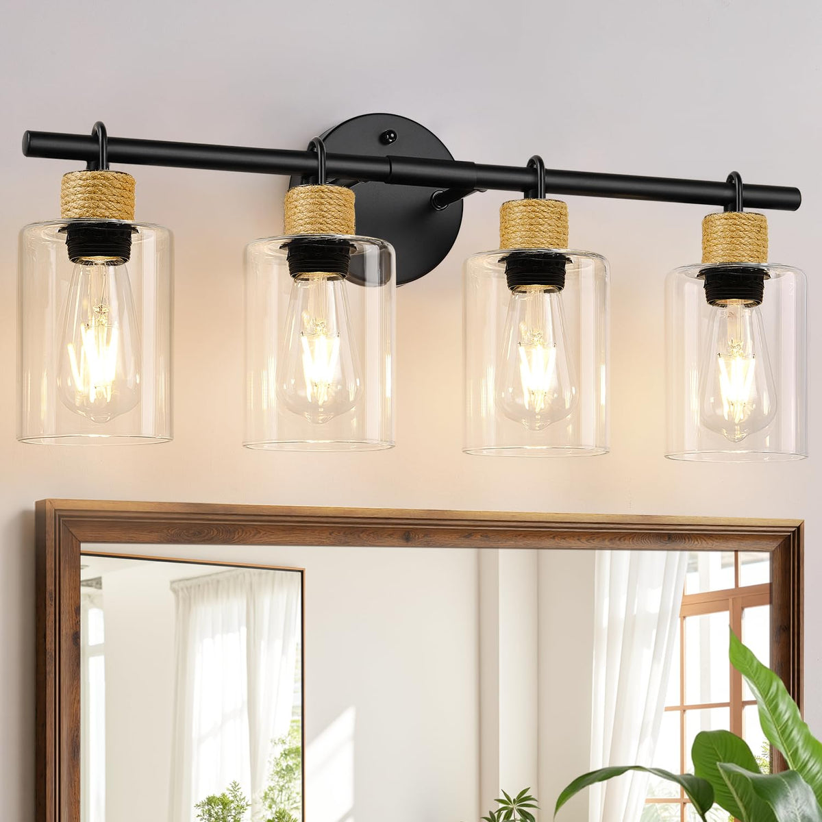 MOKATNG Bathroom Light Fixtures, 3-Light Coastal Vanity Lights with Crystal Glass Shade, Black Bathroom Wall Lamp for Mirror Kitchen Hallway Cabinet