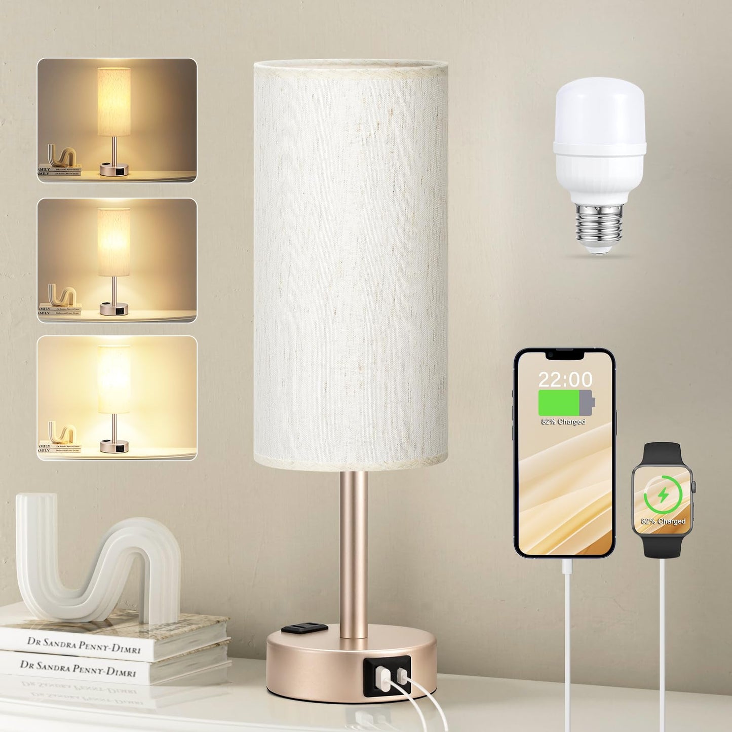 Bedside Table Lamp for Bedroom - Dimmable Touch, USB A+C, AC Outlet | 3-Way Dimmable, LED Bulb Included, Fabric Lampshade, Wood-Grain Metal Base, 14" Small Nightstand Lamp for Desk, Living Room
