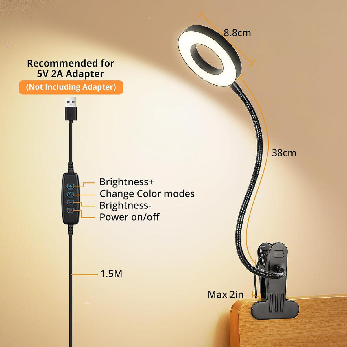 Woputne Desk Lamp Clip on Light for Bed Book Reading (Black) | 10 Dimmable Brightness 3 Light Modes Desk Lights for Home Office Clamp Bedside Lamp for Painting, Craft, Study