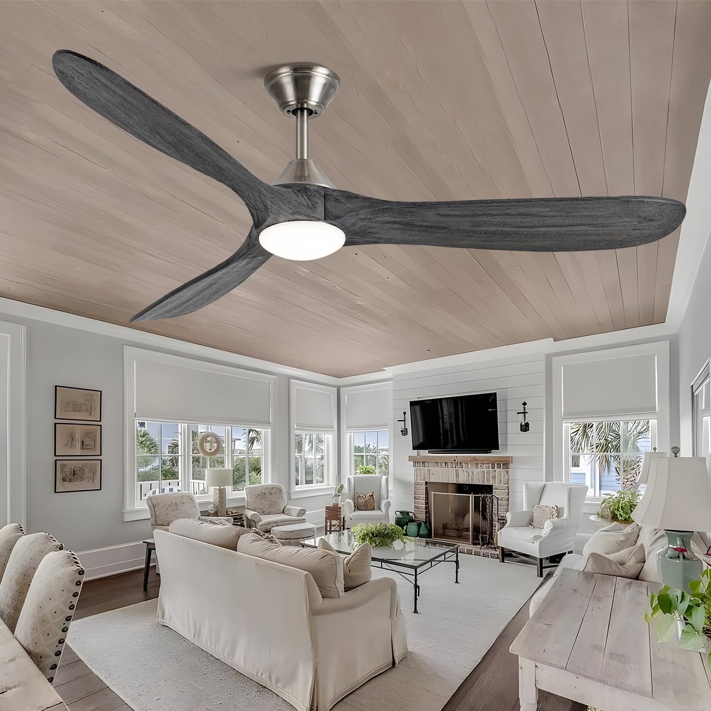 60 inch Outdoor Ceiling Fan for Patios with Light, Farmhouse style | 3 Blades Wood Ceiling Fan, Damp Rated Large Airflow Commercial Ceiling Fans for Exterior House Porch Gazebo