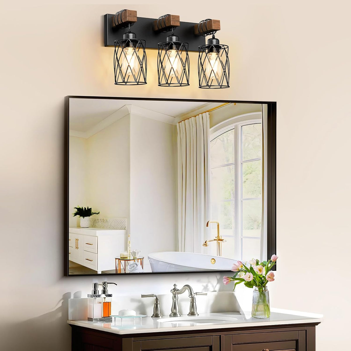 IZORRO Farmhouse Bathroom Vanity Light, 3-Light Wood Bathroom Light Fixtures Over Mirror, Black Industrial Vanity Lights with Metal Shade, Rustic Restroom Lighting Fixtures