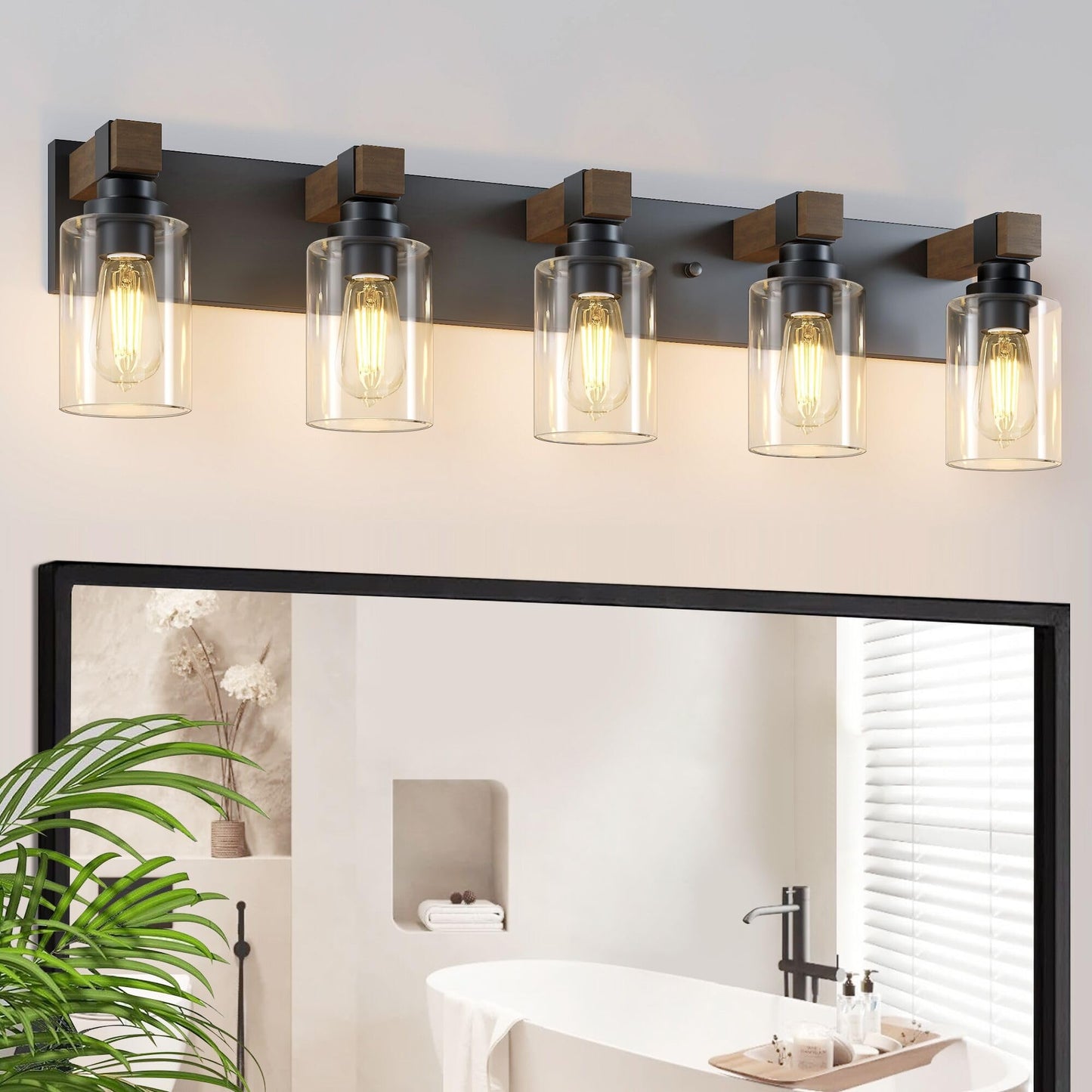 Farmhouse 3-Light Bathroom Vanity Light Fixtures, Black and Wood | 18.8″ Rustic Matte Black Metal Frame, Clear Glass Shades, Vintage Wall Sconces Lighting Over Mirror, for Bathroom Restroom