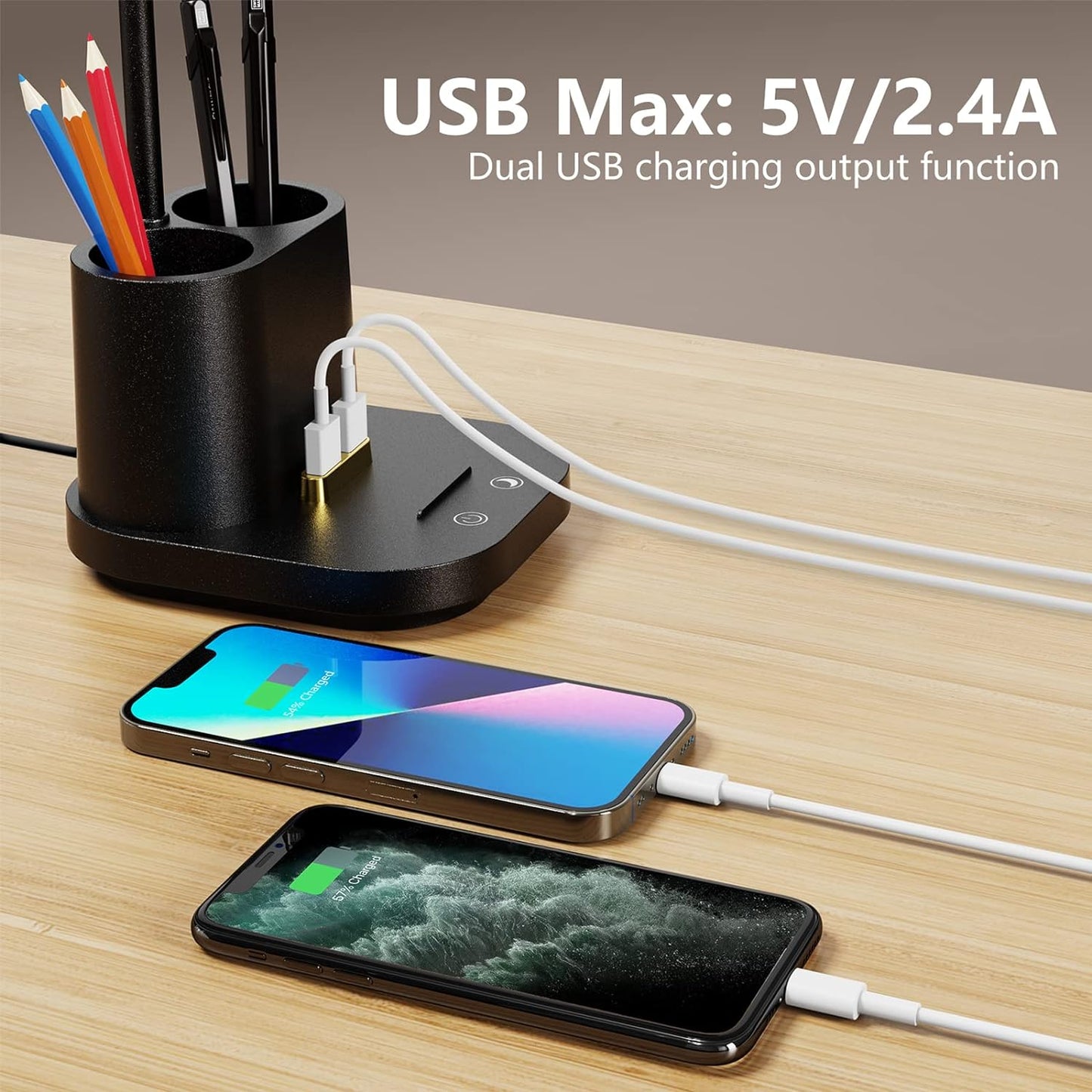 LED Desk Lamp with USB Charging Port Touch Control 3 Color Modes, Stepless Dimming,Eye-Caring LED Table Lamp for Home,Office,Bedroom,Reading,Work,Study,Gooseneck Lamp, 5V, 2.4A