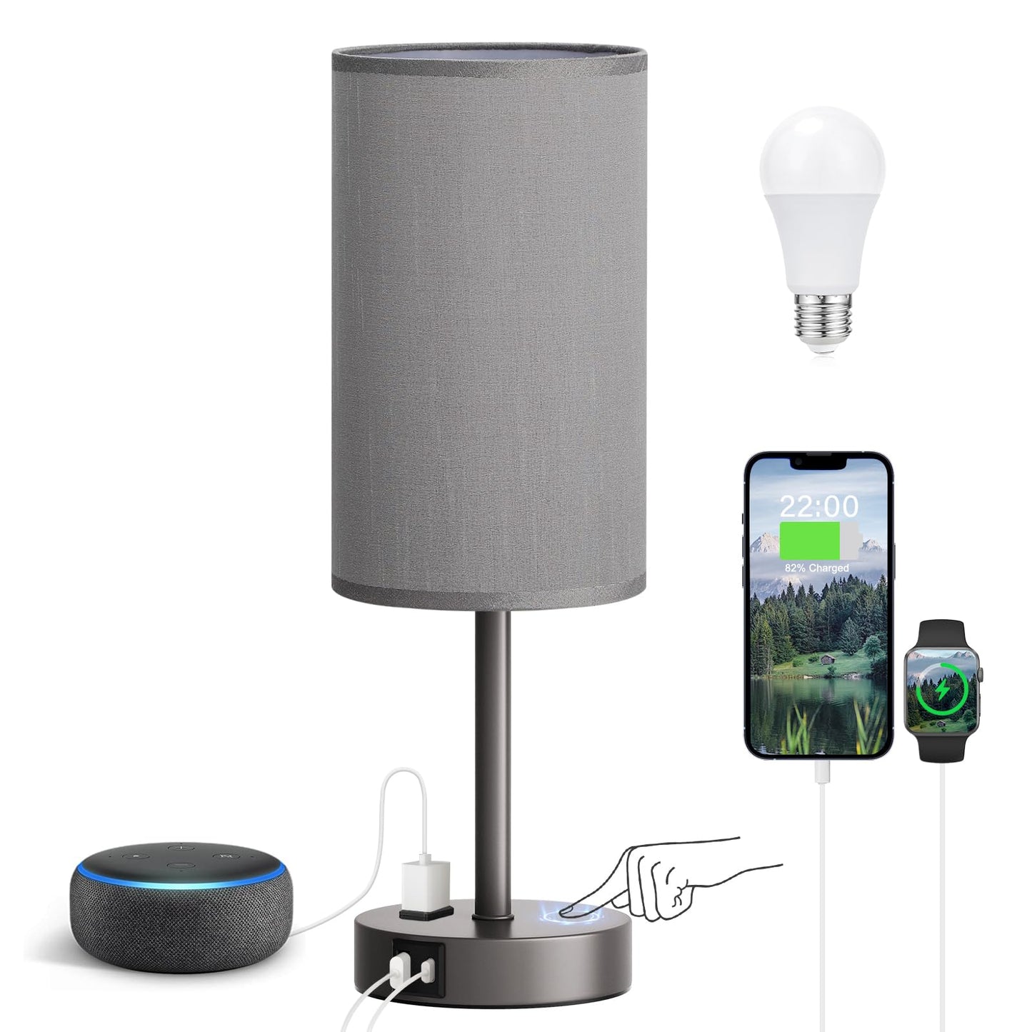 Bedside Table Lamp for Bedroom - Dimmable Touch, USB A+C, AC Outlet | 3-Way Dimmable, LED Bulb Included, Fabric Lampshade, Wood-Grain Metal Base, 14" Small Nightstand Lamp for Desk, Living Room