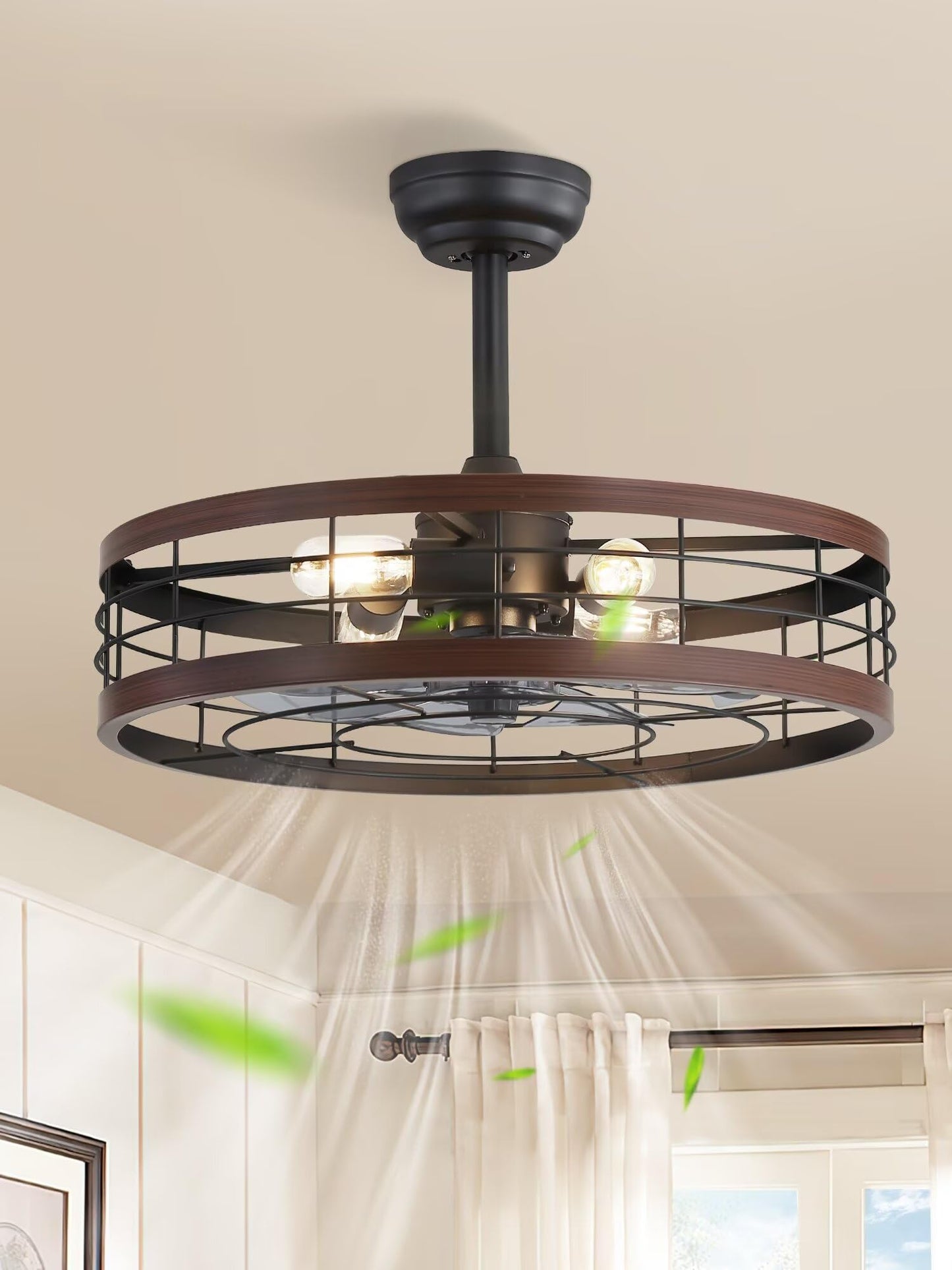 LEDIARY 20 inch Fandelier Caged Ceiling Fan with Light and Remote, Black | 6 Speed Adjustable,Timing, Quiet & Powerful DC, Small, Farmhouse, Industrial, Enclosed, Bladeless, Bedroom, Kitchen, Downrod