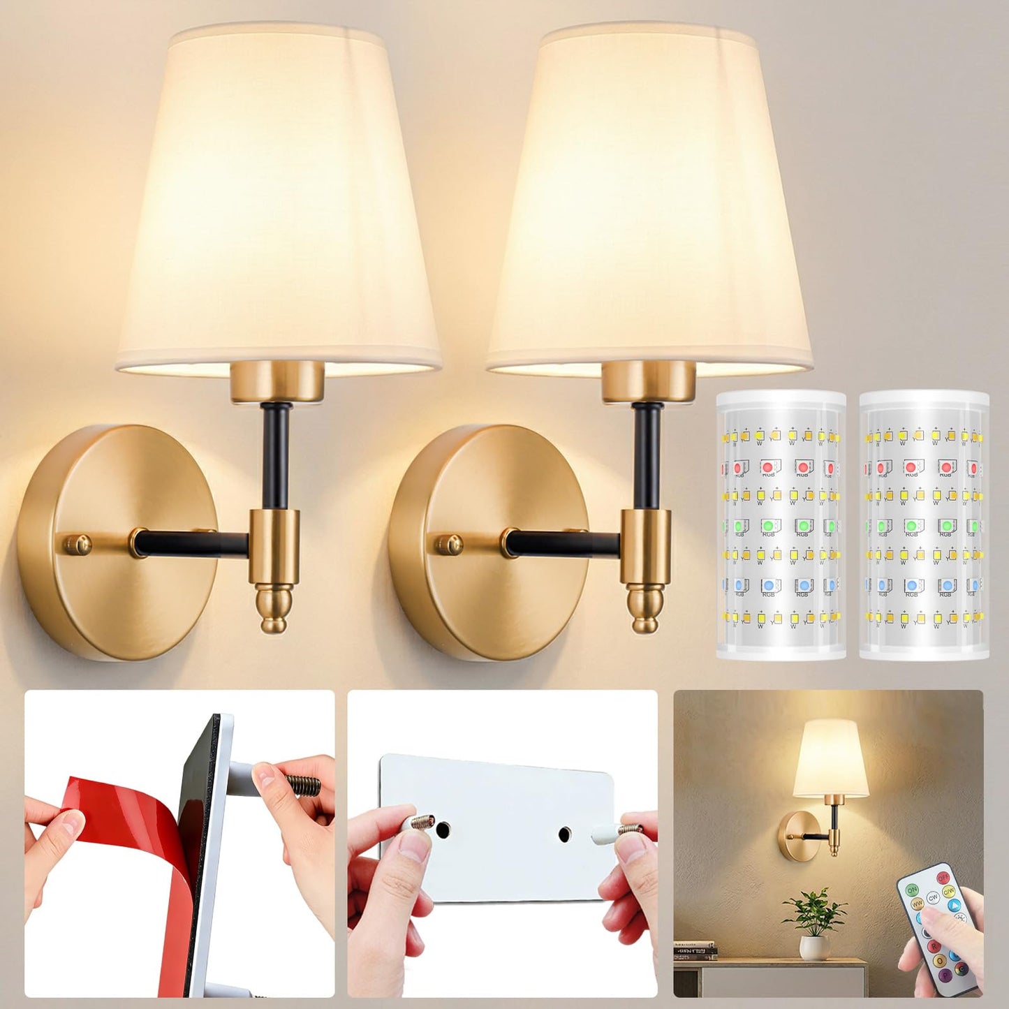 Nekhung Battery Operated Wall Sconce, Peel and Stick Sconces Set of 2 | Wireless Adhesive Stick On Wall Sconce, 10000mAh Rechargeable RGB Bulb with Remote, No Drill Wall Light for Bedroom Decor