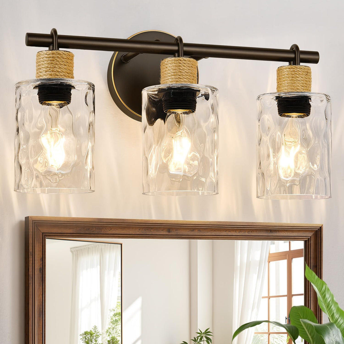 MOKATNG Bathroom Light Fixtures, 3-Light Coastal Vanity Lights with Crystal Glass Shade, Black Bathroom Wall Lamp for Mirror Kitchen Hallway Cabinet