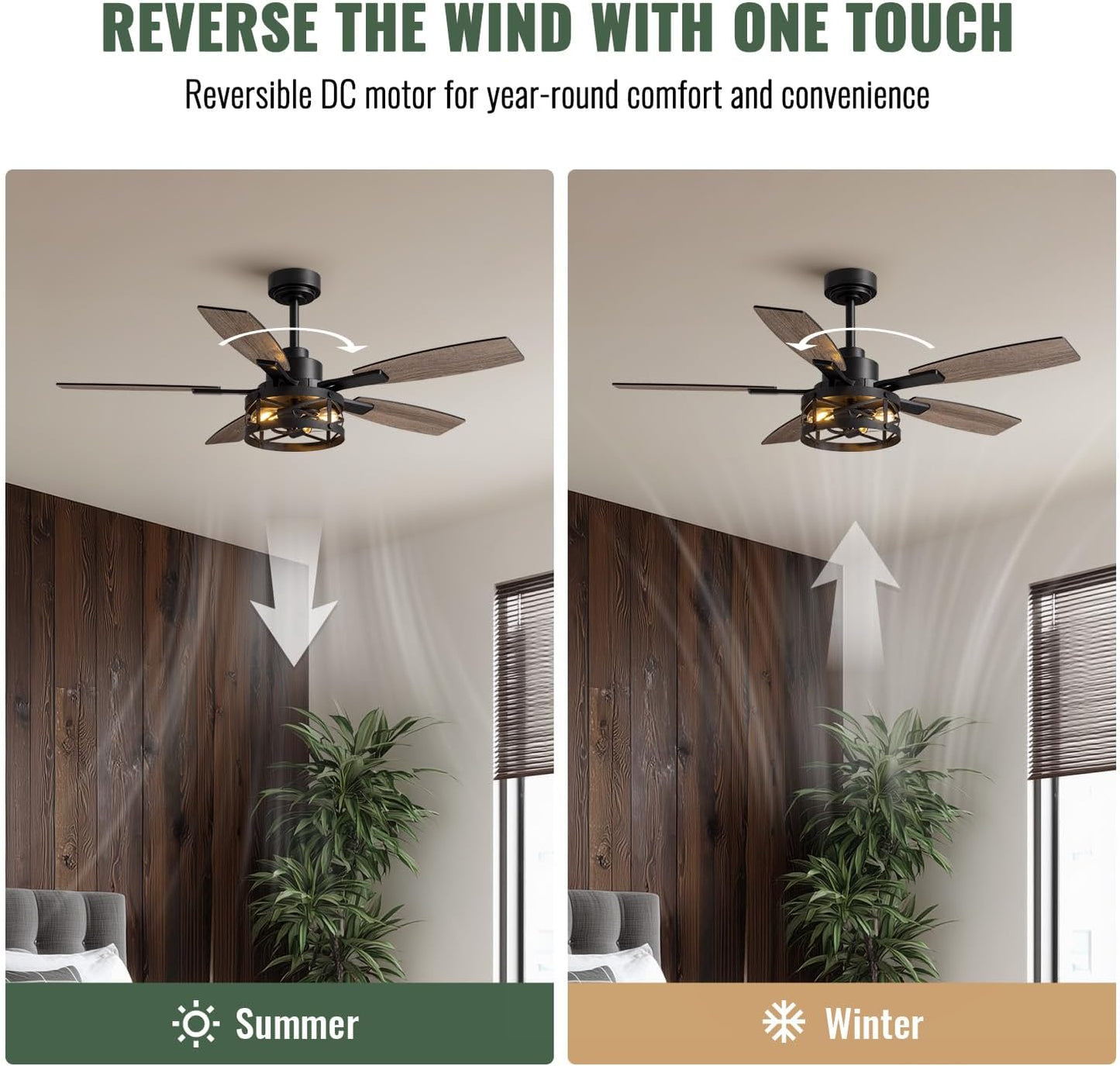 52 Inch Ceiling Fan with Light and Remote Control, Farmhouse Ceiling Fan with LED Lighting for Bedroom Living Room and Patio, Black Caged Ceiling Fan for Indoor and Outdoor(NO Bulbs)