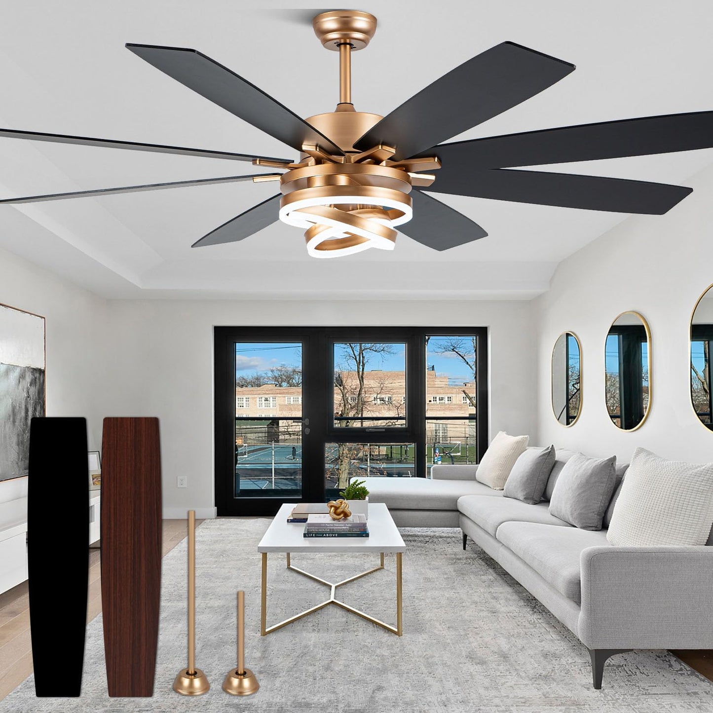 52" Black and Gold Modern Chandelier Fandelier Ceiling Fan with Light | DC motor, reversible, dimmable, 3 adjustable rings for DIY shape; for bedroom, living room.