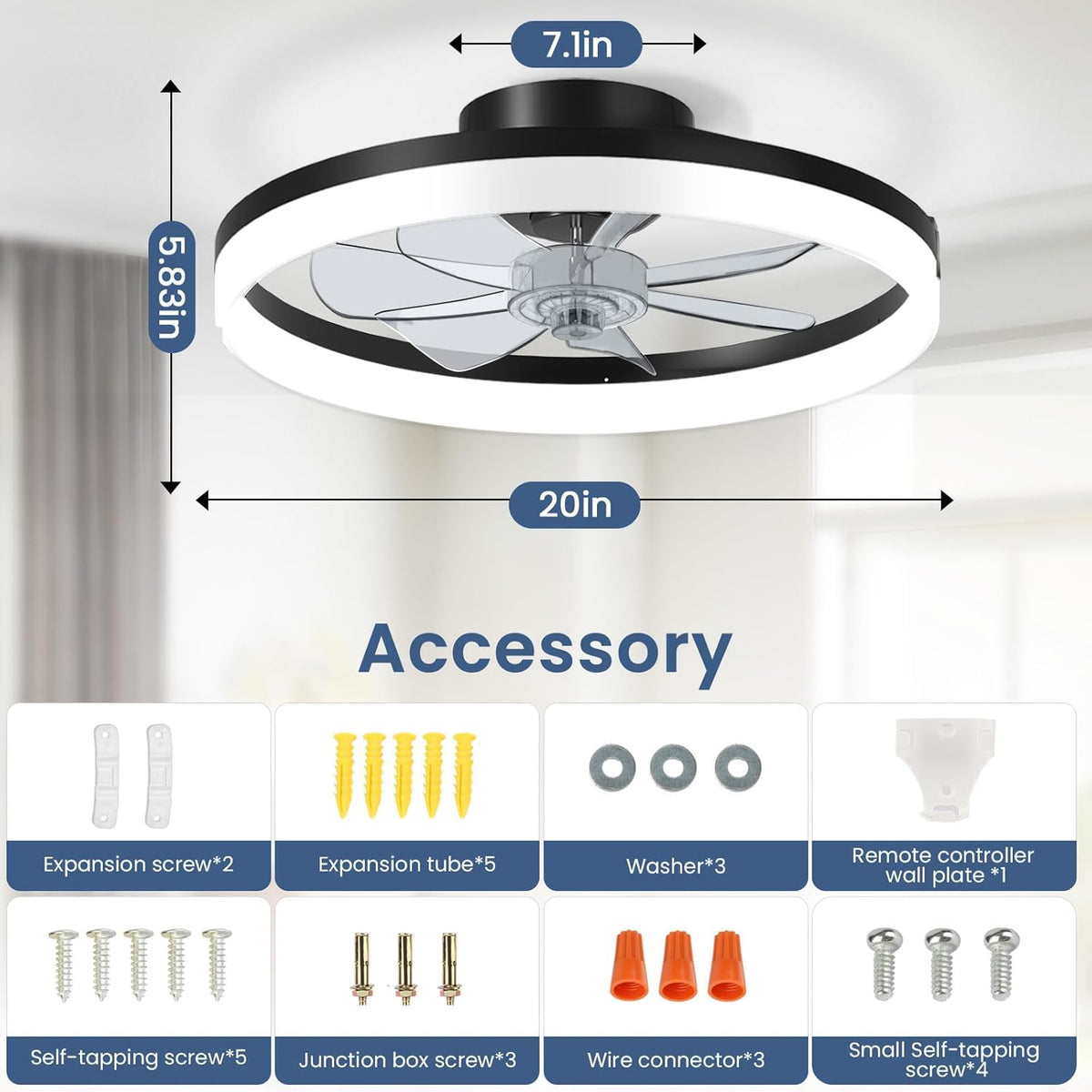 CHAREADA Ceiling Fan with Light, 20" Low Profile Foldable Ceiling Fans | with 6 Wind Speeds, Dimmable Smart Ceiling Fan Light with Remote for Bedroom, Kids Room and Living Room