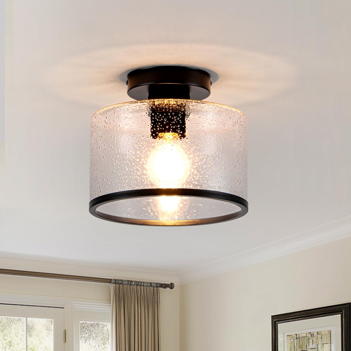 Zlepmlla Glass Ceiling Light, Black Semi Flush Mount with Hammered Glass Shade, Farmhouse Light Fixture for Hallway, Bathroom, Entryway, Kitchen,Living Room