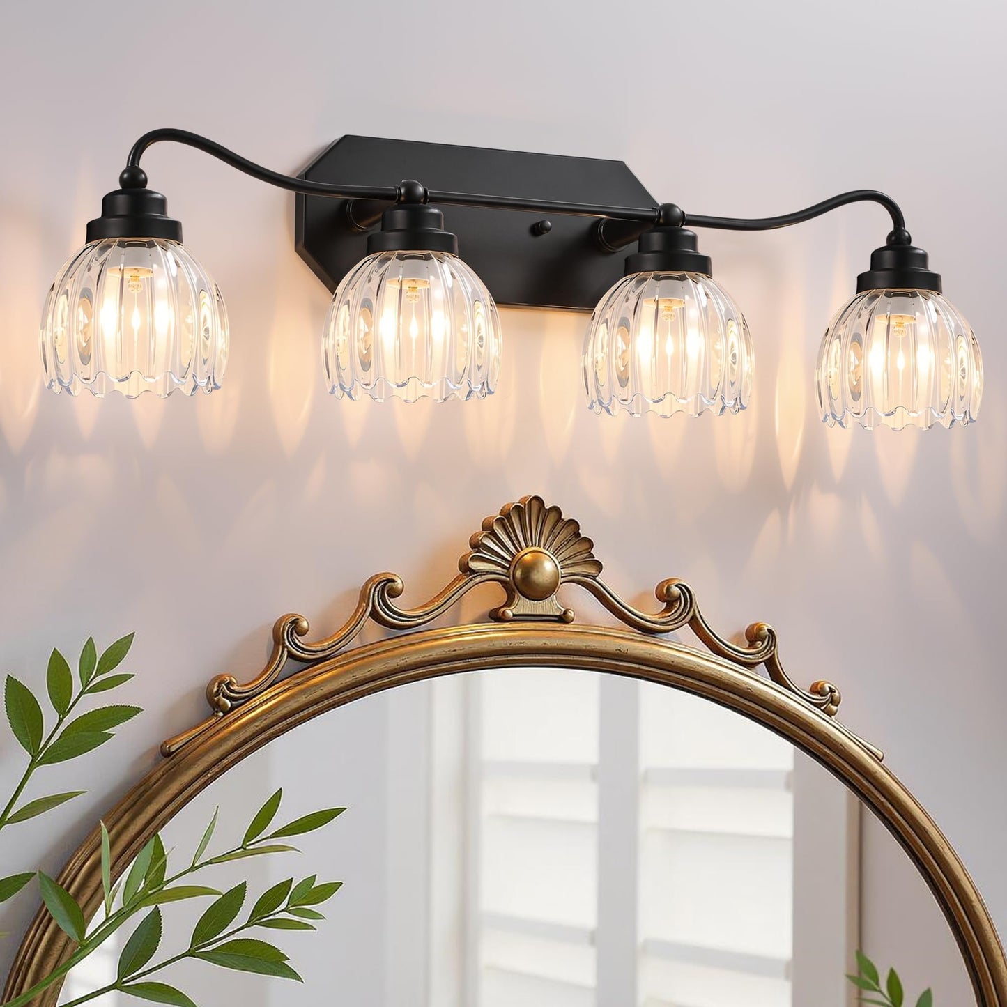 3 Light Gold Vintage Vanity Lights, Antique Brass Finish | Clear Tulip Crystal Shades,Brushed Gold Bathroom Light Fixtures,Wall Sconce Ideal for Bedroom, Hallway, Easy to Install