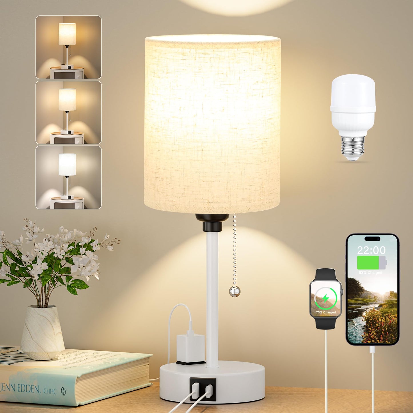 Dicoool Bedside Table Lamp for Bedroom - Small Desk Lamp with USB Ports | USB A+C Ports, AC Outlet, 3 Color Temperatures, LED Bulb Included, White Fabric Shade, Black Metal Base, 14" Nightstand lamp