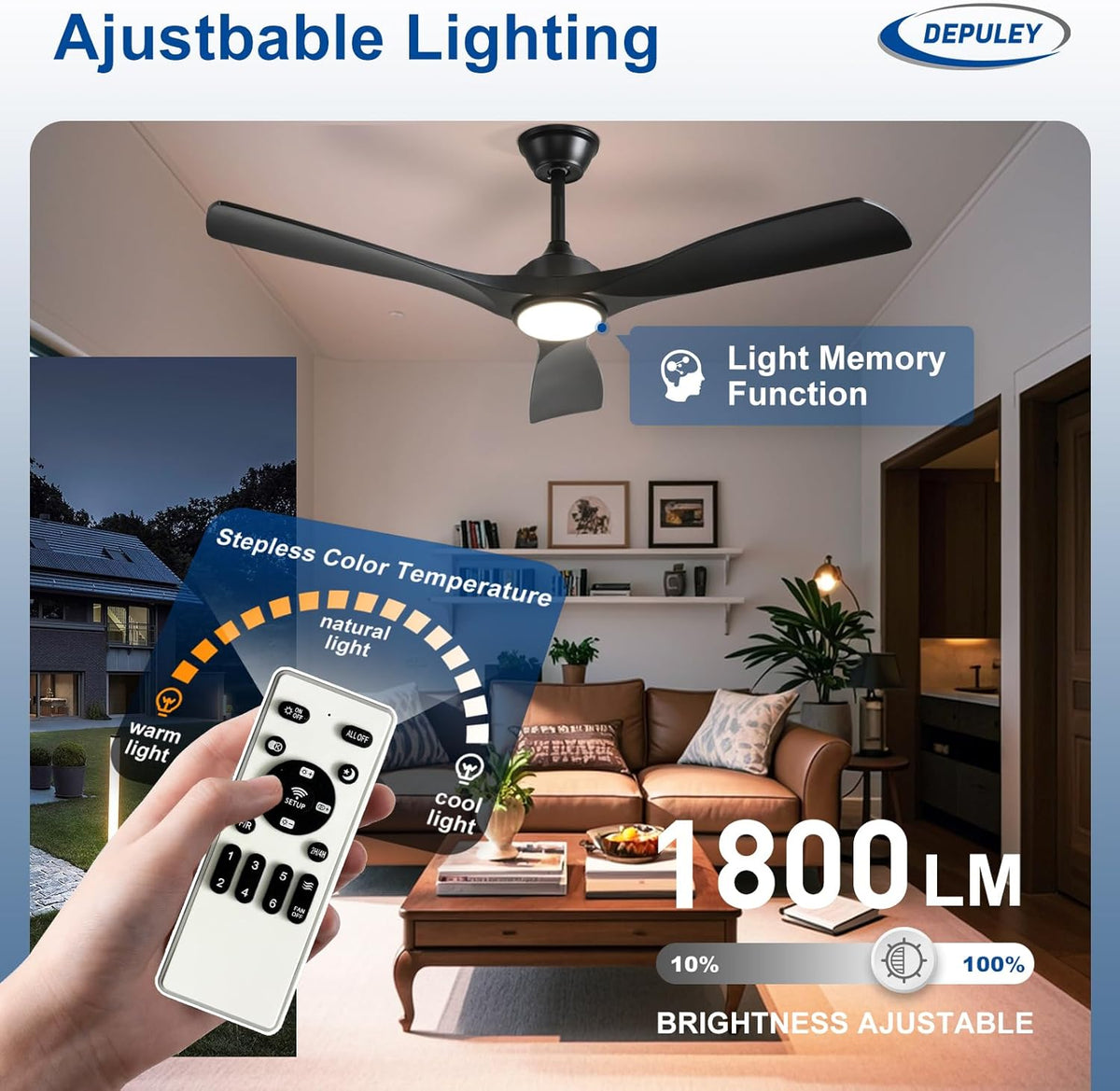 Depuley 52-Inch Ceiling Fan with Light: Black 3 Blade Outdoor Fans for Patios - Dimmable Indoor Fan with Remote Control Fandelier for Living Room Bedroom Porch Quiet Motor Reversible 6 Speed Timer