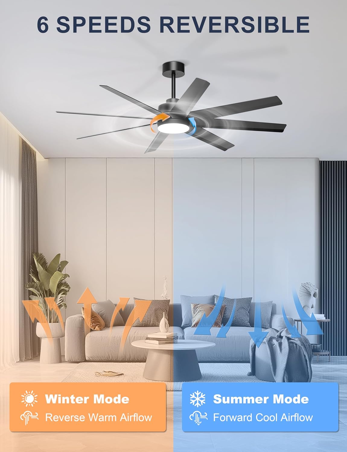 Ohniyou 60" Black Ceiling Fan with Light for Patio, Porch, Living Room | Remote/App Control, Quiet DC Motor, 3CCT Dimming, Modern Covered Outdoor Fan with 8 ABS Blades