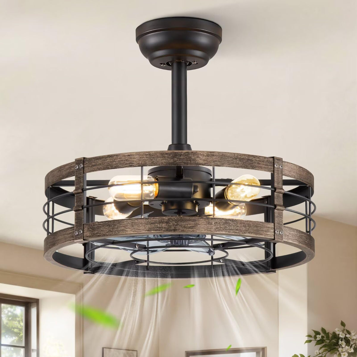 LEDIARY 20 inch Fandelier Caged Ceiling Fan with Light and Remote, Black | 6 Speed Adjustable,Timing, Quiet & Powerful DC, Small, Farmhouse, Industrial, Enclosed, Bladeless, Bedroom, Kitchen, Downrod