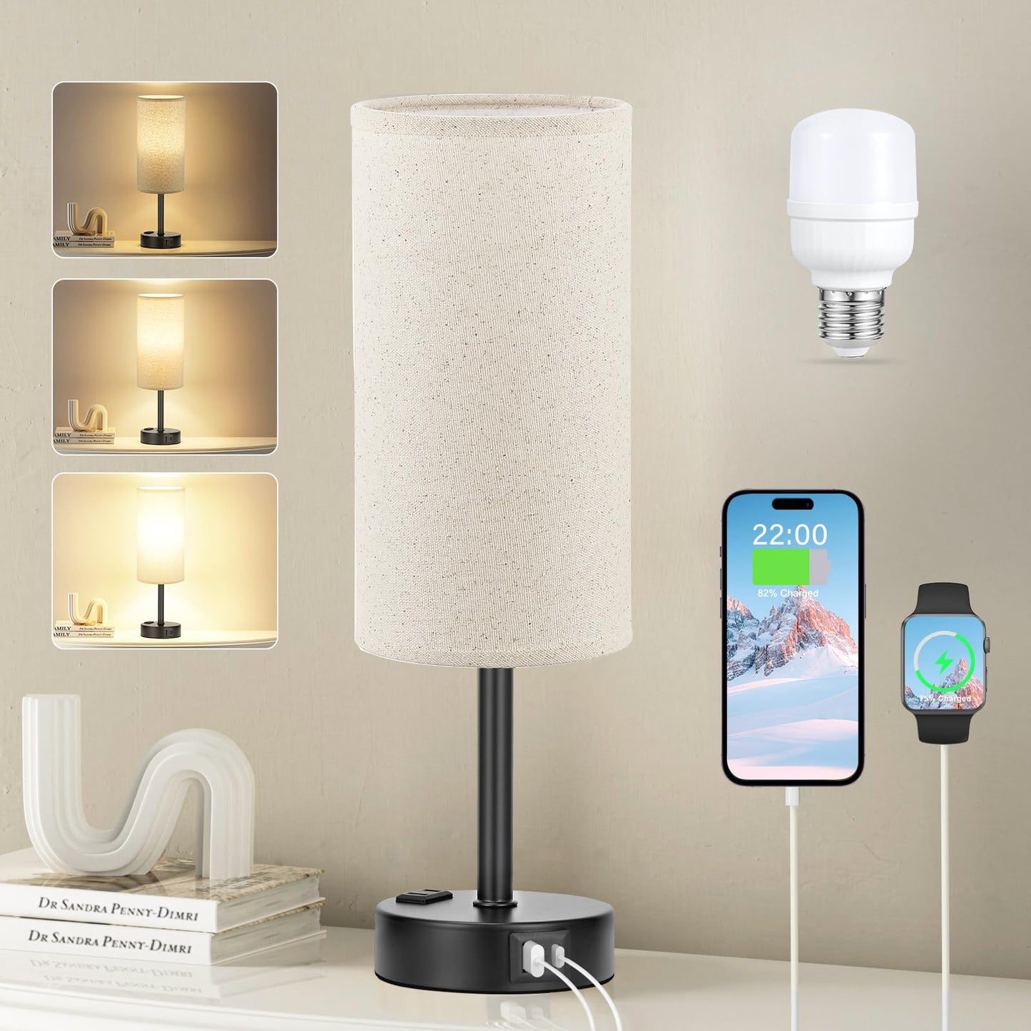 Bedside Table Lamp for Bedroom - Dimmable Touch, USB A+C, AC Outlet | 3-Way Dimmable, LED Bulb Included, Fabric Lampshade, Wood-Grain Metal Base, 14" Small Nightstand Lamp for Desk, Living Room