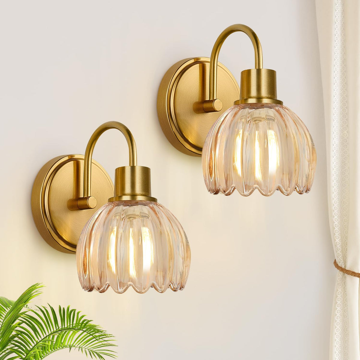 Bathroom Light Fixtures, 3-Light Brushed Gold Vanity Lights for Bathroom with Ribbed Amber Tulip Glass Shade, 20 in Bathroom Vanity Lights Over Mirror for Bedroom, Living Room, Hallway