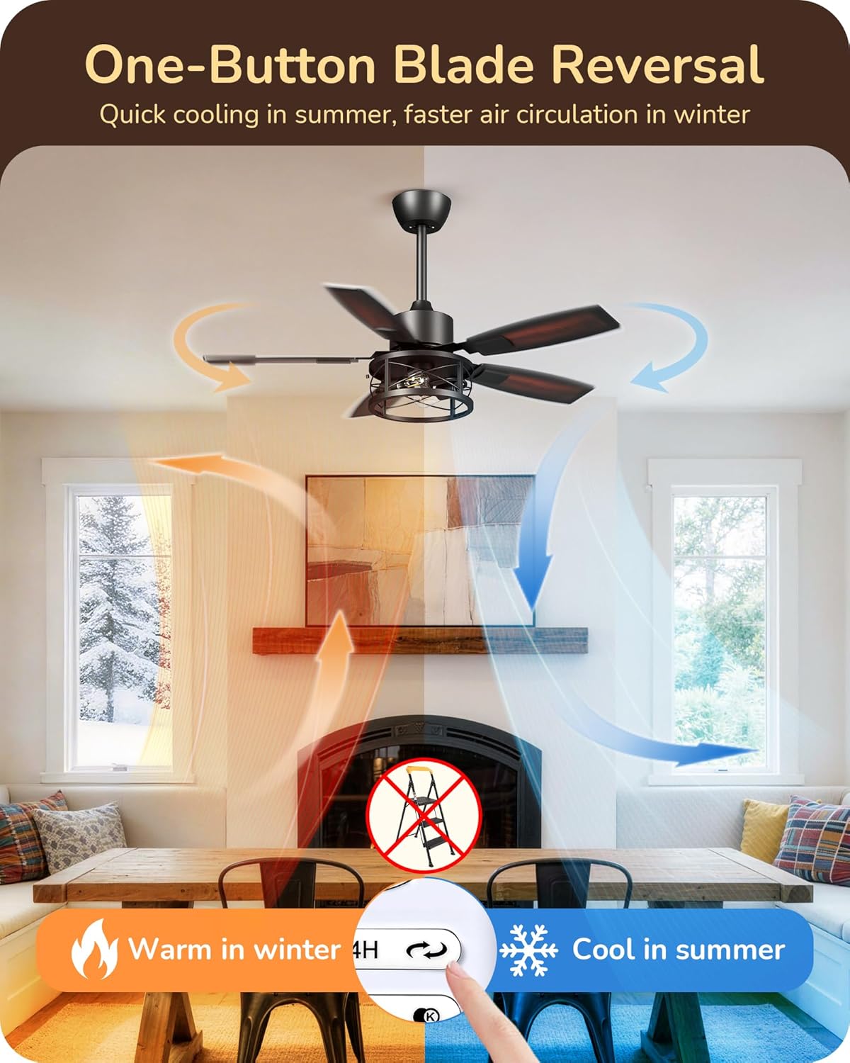 EDISHINE 42" Farmhouse Ceiling Fans with Light and Remote,10%-100% Dimmable | Reversible DC Motor, 6 Speed, 5 Wooden Blades, Timer, Rustic Caged Fandelier Ceiling Fan for Living Room, Bedroom