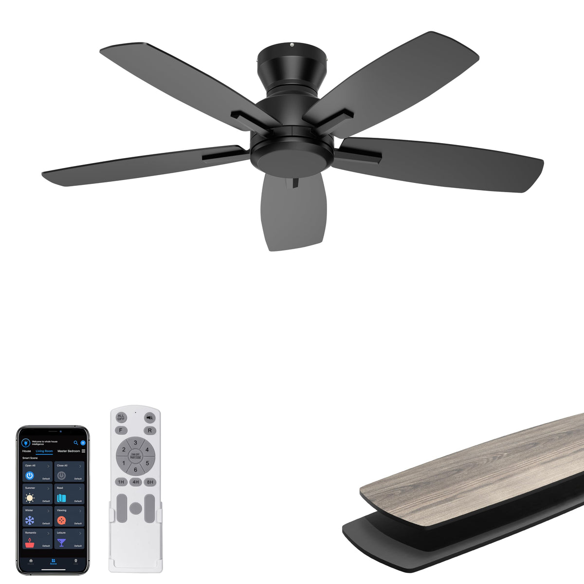 Ohniyou 52'' Low Profile Ceiling Fan with Lights, Remote/APP Control, Black | Flush Mount, Dimmable 3CCT LED, Quiet Reversible DC Motor; Memory Function, 4580 CFM, for Indoor Bedroom Living Room