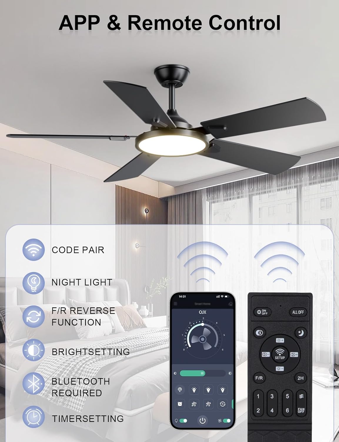 OJX Ceiling Fans with Lights, 52 inch Ceiling fan with Light and Remote/APP Control, 3CCT, Quiet DC Reversible, Dimmable, Modern Ceiling Fan for Bedroom, Living Room, Kitchen, Indoor/Outdoor Use
