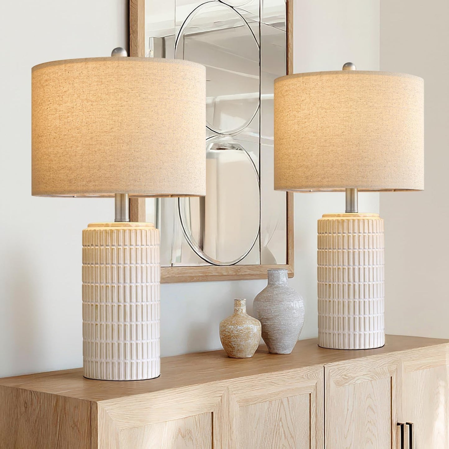 PoKat 20.75" Small Modern Ceramic Table Lamps Set of 2 for Bedroom, White | Bedside lamps for nightstands, farmhouse home decor, end table & desk light, ideal housewarming new home gift for women mom