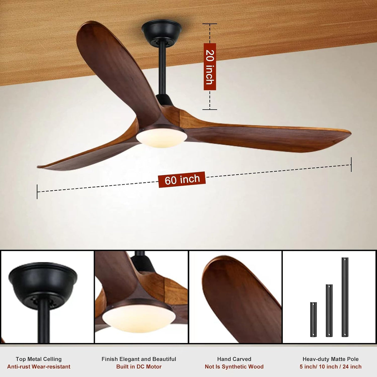 60 inch Outdoor Ceiling Fan for Patios with Light, Farmhouse style | 3 Blades Wood Ceiling Fan, Damp Rated Large Airflow Commercial Ceiling Fans for Exterior House Porch Gazebo