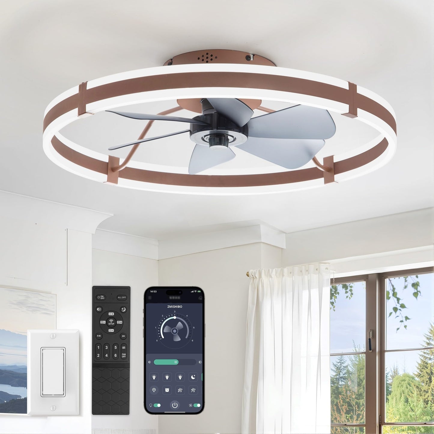 ZMISHIBO Low Profile 19.7'' Ceiling Fans with Lights and Remote, Black | 3000-6000K Dimmable LED Fandelier, Quiet DC Motor, Reversible Airflow, 6 Wind Speeds, Timer, Bedroom, Living Room, Kitchen