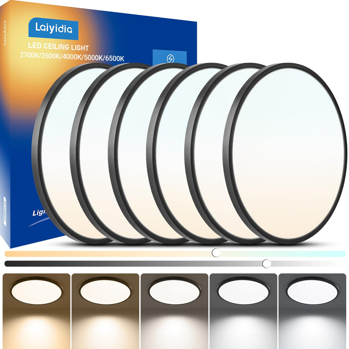 6-Pack 12in Ultra Thin LED Flush Mount Ceiling Light,Dimmable,5CCT | 2700K-6500K, 24W 2640LM, Anti-Glare,Edge-lit, Hardwired Light Fixture for Bedroom Kitchen Hallway Laundry Porch, Black
