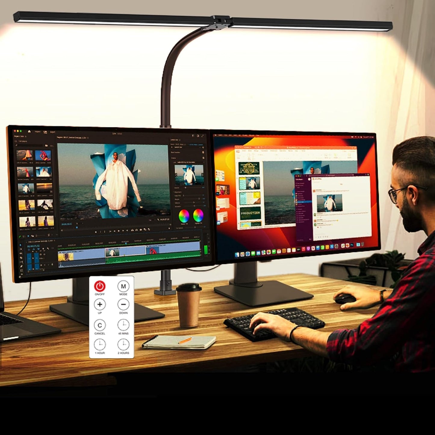 LED Desk Lamp with Clamp, Dual Head Monitor Light, Remote | 24W Dimmable Eye-Caring Task Lamp with Timer, Anti-Glare Cover and Gooseneck for Home Office Dorm Workbench and Study