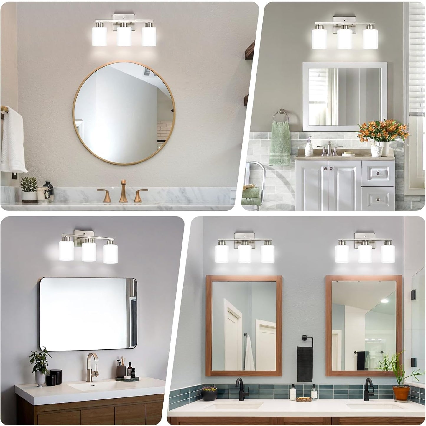 FonmYim Brushed Nickel Bathroom Light Fixtures Vanity Lights Over Mirror | Modern 3-Light lighting fixtures for bathroom with Milky White Frosted Glass Shades, E26 Socket (Bulbs Not Included)