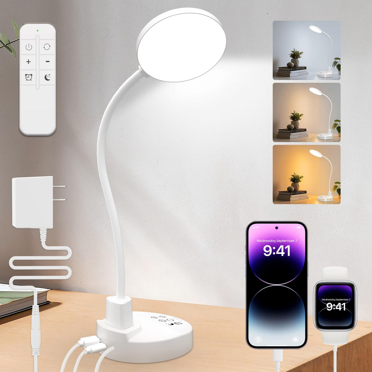 15W LED Desk Lamp with USB Charging Ports – Dimmable Table Lamp with 3 Color Temps, 5 Brightness, 4 Timers, Flexible Gooseneck Light with Base, Eye-Caring Reading Light for Home Office, Bedroom, Study