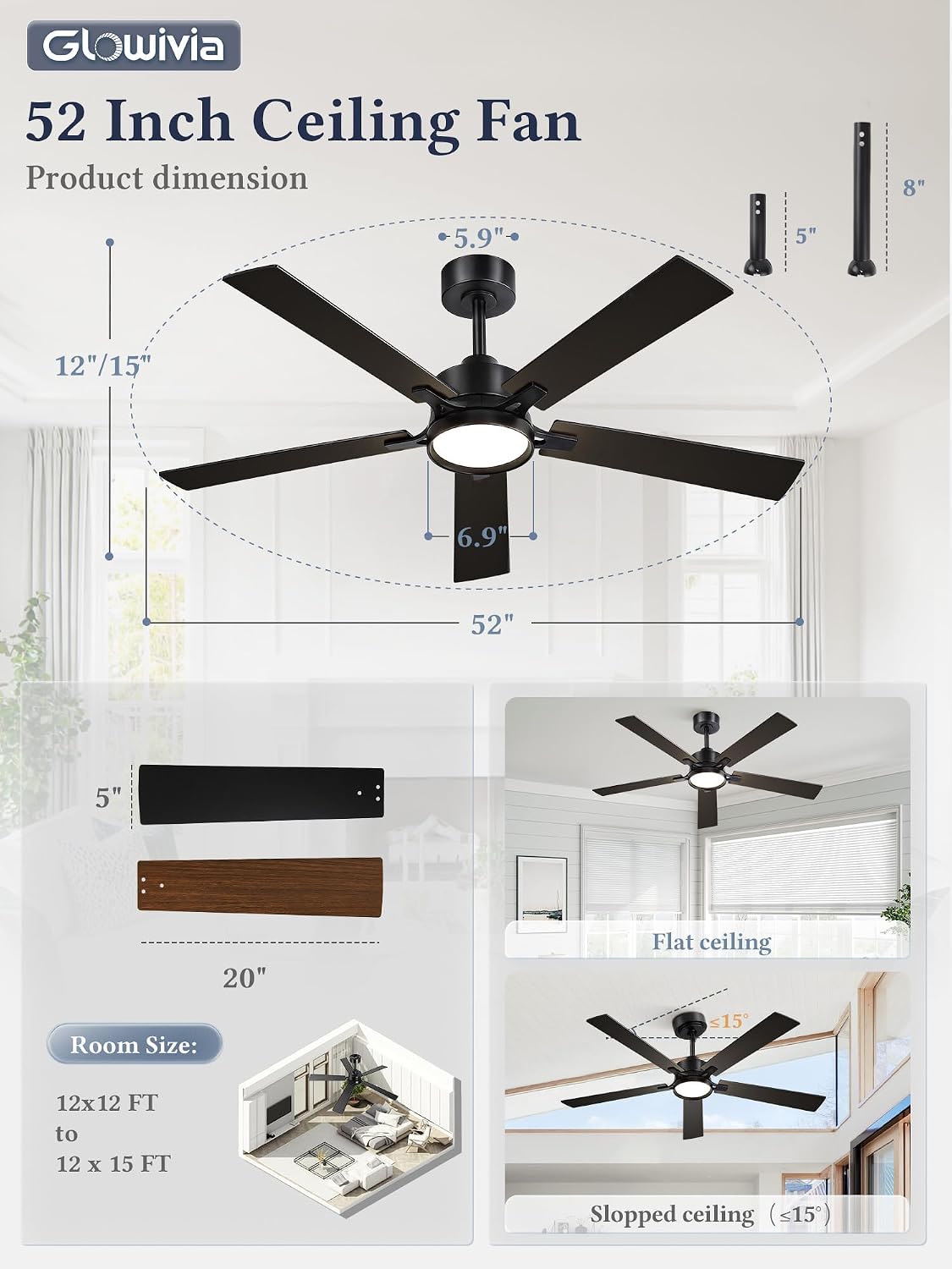 52 Inch Ceiling Fan with Lights,APP&Remote Control,DC Motor | Dimmable LED,3CCT,Memory Function,Dual-Finish Reversible Blades,Damp Rated,6 Speeds,Timer,Living Room,Bedroom,Covered Patio