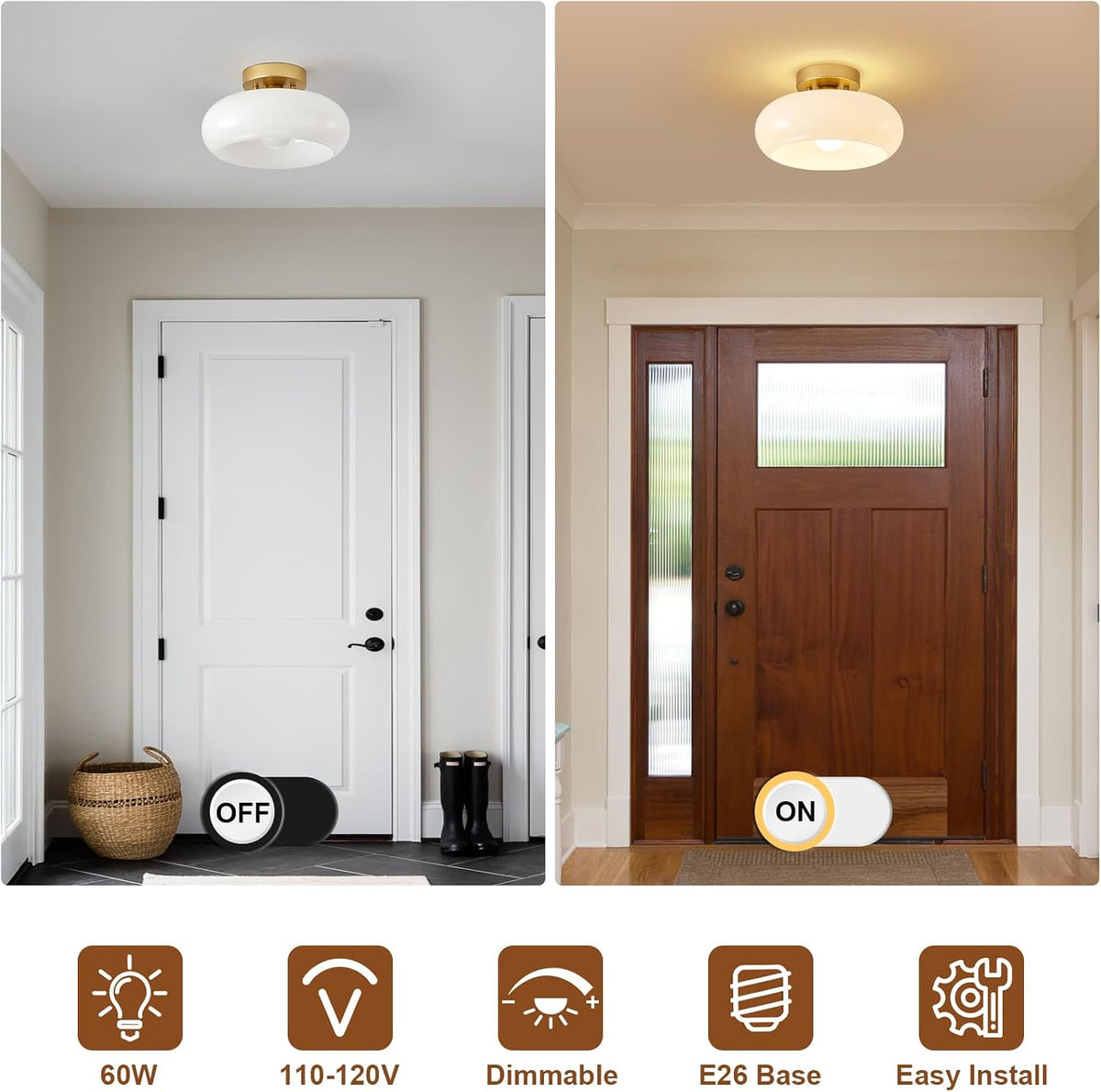 WOKNOS Mid-Century Modern Gold Semi Flush Ceiling Light 11.0 Inch | Small White Glass Shade Close to Ceiling Lighting Fixture For Kitchen Entryway Hallway Bathroom Closet Bedroom Laundry Room