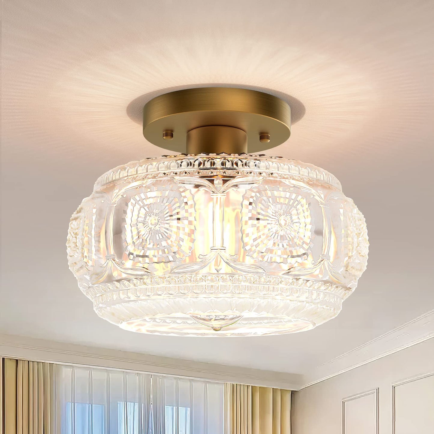 Globe Glass Semi Flush Mount Ceiling Light Fixture, Vintage Gold | Beautiful Light Shadow, Easy to Install, Bright Ambiance, Modern Lighting for Hallway Entryway Kitchen Bathroom Bedroom