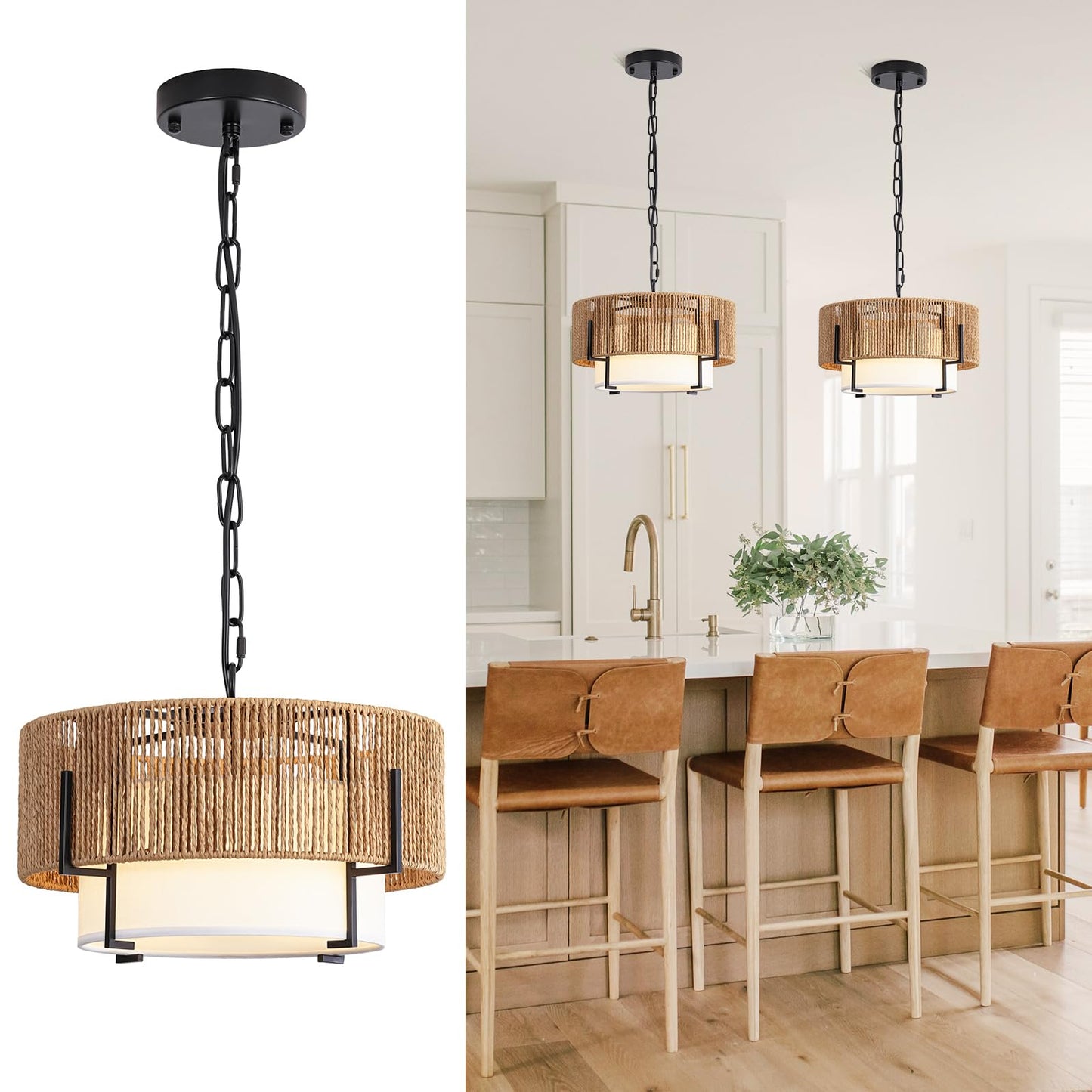 4-Light Rattan Chandelier for Dining Room, 19.7" Boho Pendant Light | Hand Woven, Drum Design with Fabric Shade, Farmhouse Style, for Living Room, Kitchen Island, Bedroom, Hallway, Foyer