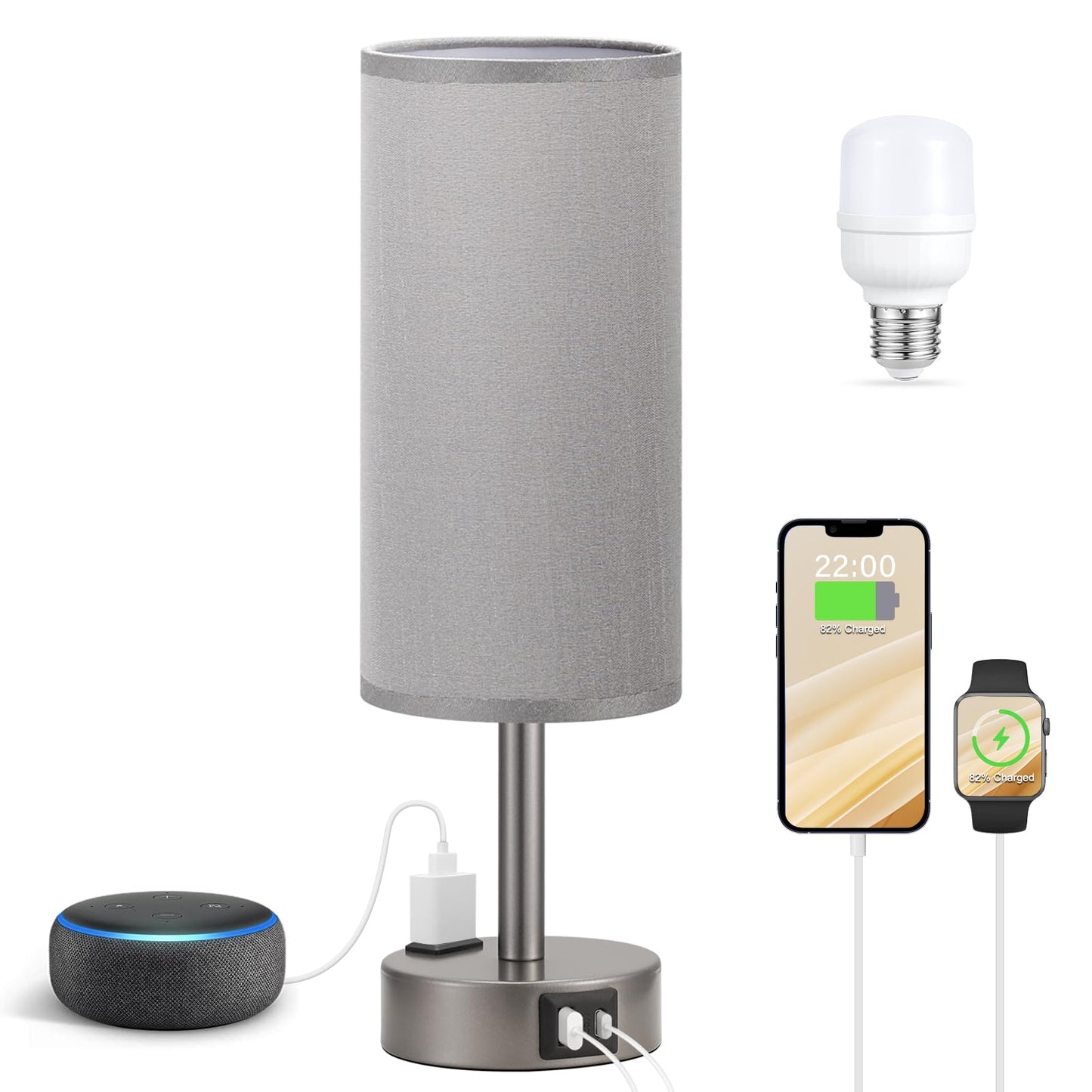 Bedside Table Lamp for Bedroom - Dimmable Touch, USB A+C, AC Outlet | 3-Way Dimmable, LED Bulb Included, Fabric Lampshade, Wood-Grain Metal Base, 14" Small Nightstand Lamp for Desk, Living Room